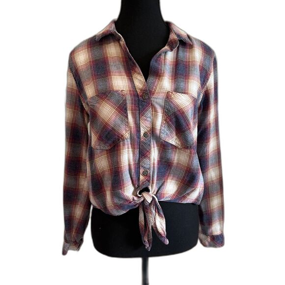 Cloth & Stone Anthropologie Cropped Flannel Button-Up Tie Front Size S - Picture 1 of 4